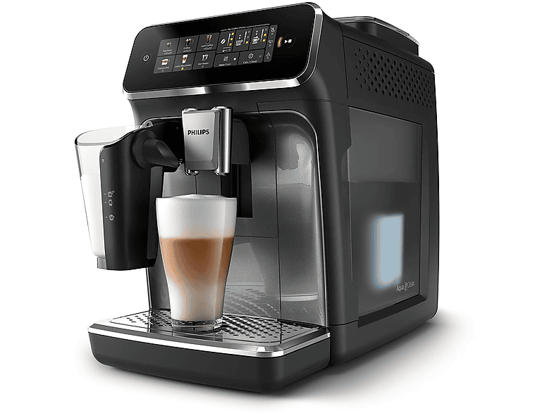 MACCHINA CAFFÈ AUTOMATICA PHILIPS Series 3300 LatteGo EP3349/70, Pressione pompa 15 bar, Potenza 1500 W, Programmi Espresso, caffè, cappuccino, latte macchiato, caffè freddo, acqua calda, Funzione Regolazione macinatura, Programma pulizia, Nero, Argento