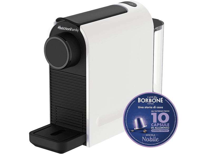 MACCHINA CAFFÈ CAPSULE MELCHIONI FAMILY CORPOSA BIANCA + 10 CAPS BORBONE, Compatibile con Capsule Nespresso, Pressione pompa 20 bar, Potenza 1400 W, Serbatoio acqua 0,5 l, Disattivazione automatica, Bianco