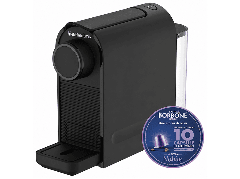 MACCHINA CAFFÈ CAPSULE MELCHIONI FAMILY CORPOSA NERO + 10 CAPS BORBONE, Compatibile con Capsule Nespresso, Pressione pompa 20 bar, Potenza 1400 W, Serbatoio acqua 0,5 l, Disattivazione automatica, Nero