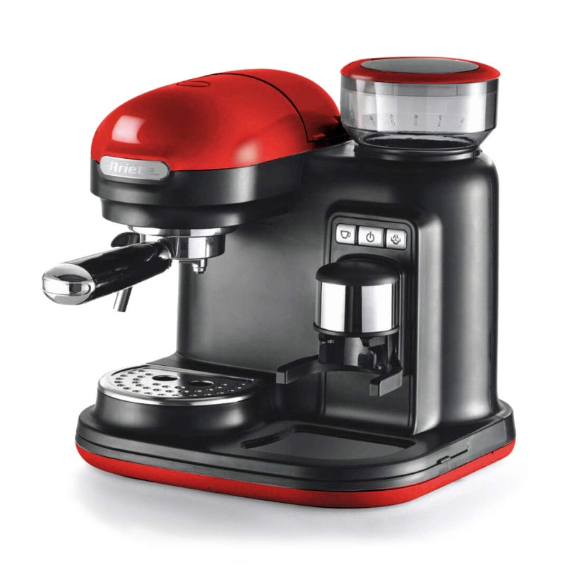 MACCHINA CAFFÈ ESPRESSO ARIETE CAFFE'ESPRESSO CON MACINA, Compatibile con Grani e macinato, Pressione pompa 15 bar, Potenza 1080 W, Serbatoio acqua 0,8 l, Disattivazione automatica, ROSSA/NERA