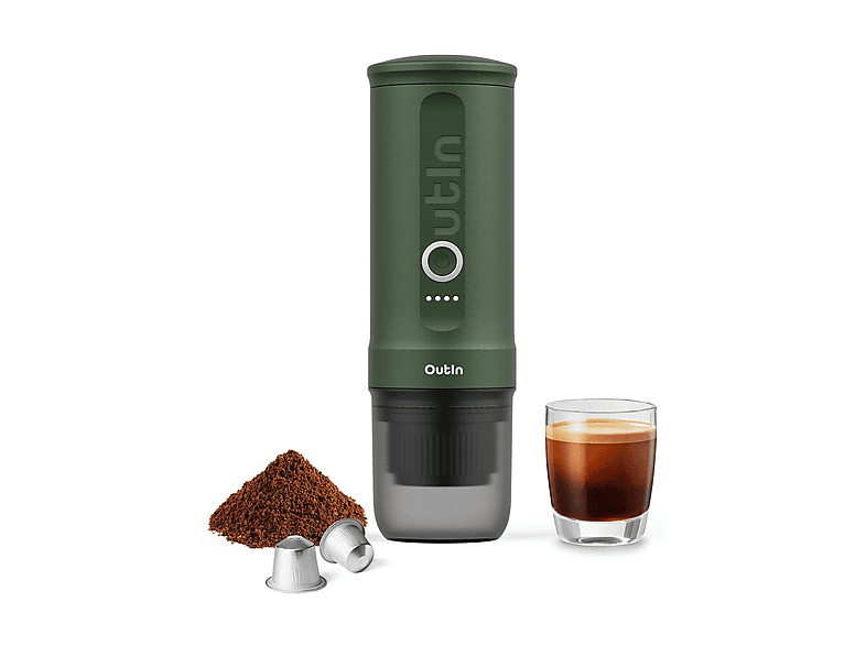 Macchina da Caffè Espresso Elettrica Portatile OUTIN NANO FOREST GREEN, 2 in 1, Compatibile con Macinato e Capsule Nespresso, 20 BAR, Ricarica semplice USB-C