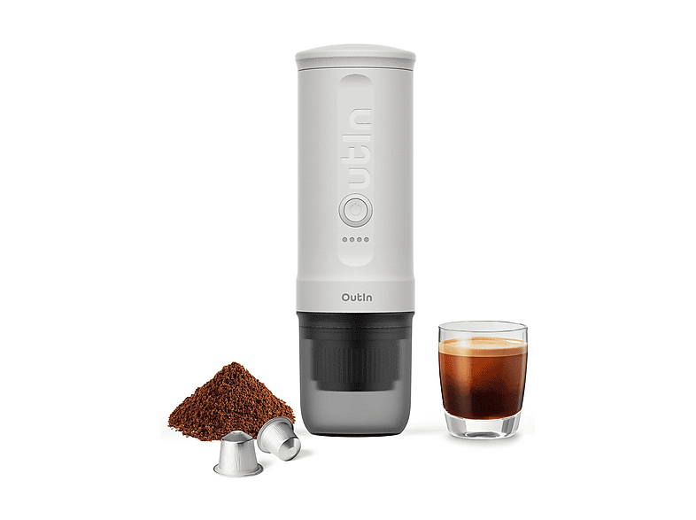 Macchina da Caffè Espresso Elettrica Portatile OUTIN NANO PEARL WHITE, 2 in 1, Compatibile con Macinato e Capsule Nespresso, 20 BAR, Ricarica semplice USB-C