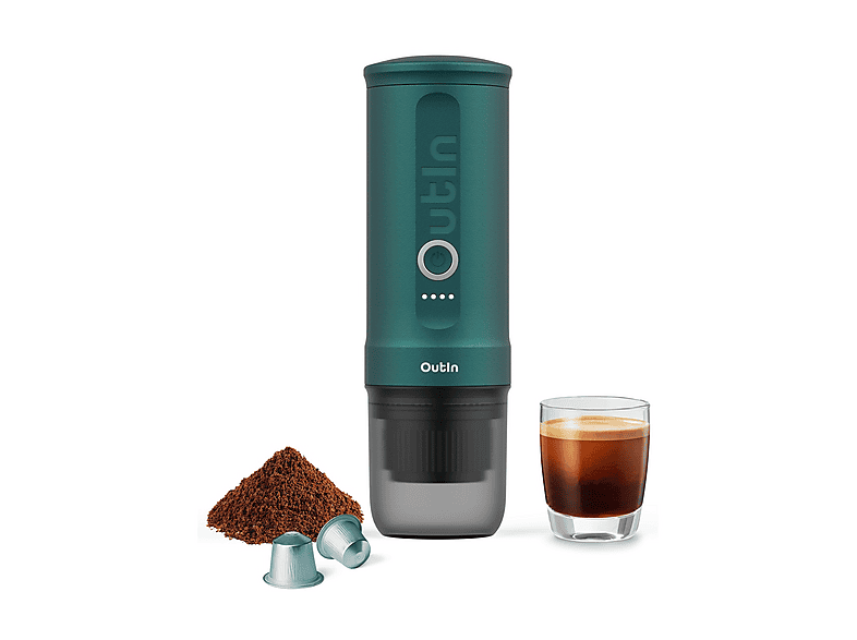 Macchina da Caffè Espresso Elettrica Portatile OUTIN NANO TEAL, 2 in 1, Compatibile con Macinato e Capsule Nespresso, 20 BAR, Ricarica semplice USB-C
