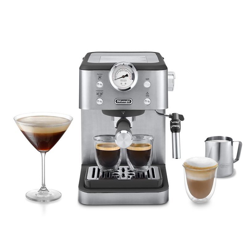 Macchina da Caffè Manuale Espresso e Cappuccino DE'LONGHI CLASSIC EM450.M, Compatibile con Macinato o Cialde E.S.E., Spegnimento Automatico, Serbatoio Estraibile 1.7L, Potenza 1325W, 15bar, Metal