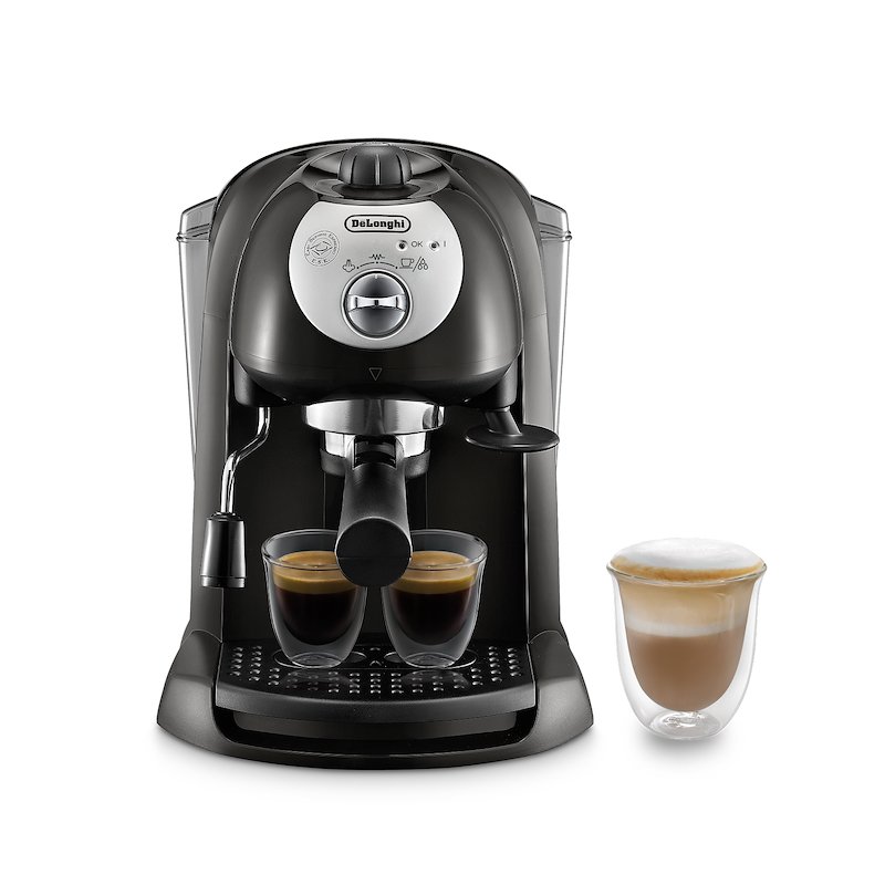Macchina da Caffè Manuale Espresso e Cappuccino DE'LONGHI EC201.CD,B, Compatibile con Macinato o Cialde E.S.E., Spegnimento Automatico, Serbatoio Estraibile 1L, Potenza 1100W, Nero