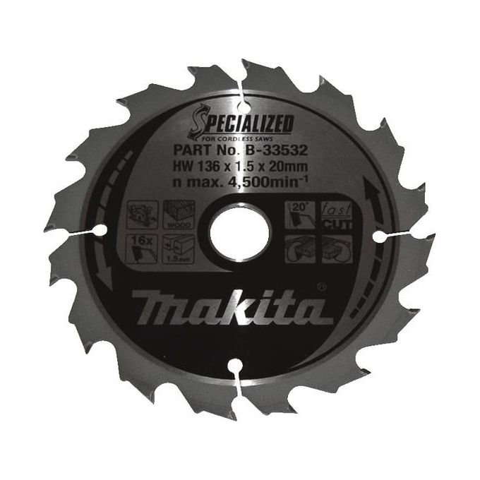 Makita B-33532 Lama circolare per legno 136 mm 16 denti foro 20 mm forma dente ATAF colore Nero