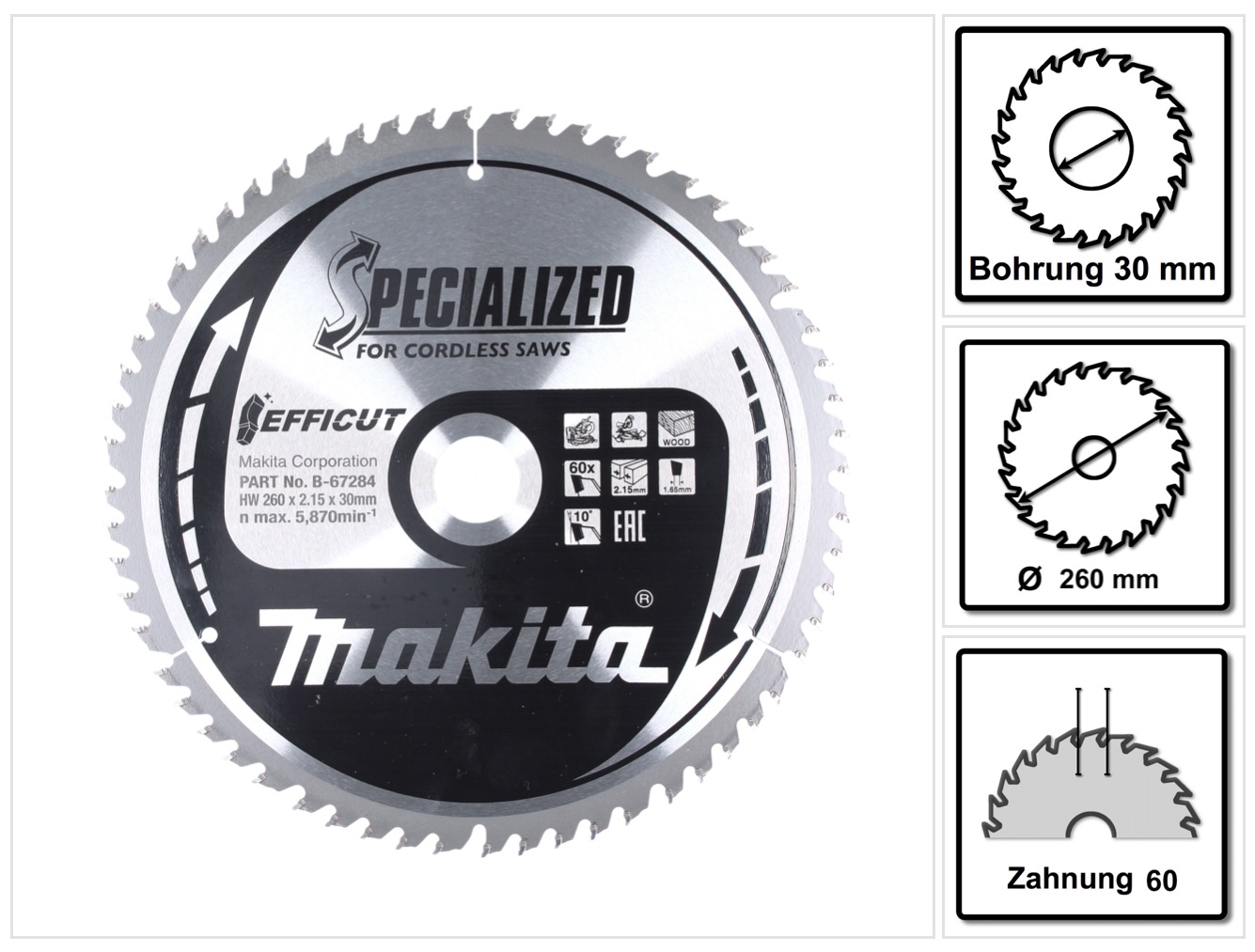Makita - B-67284 Efficut Lama Per Troncatrice 260x30 Mm Per Legno