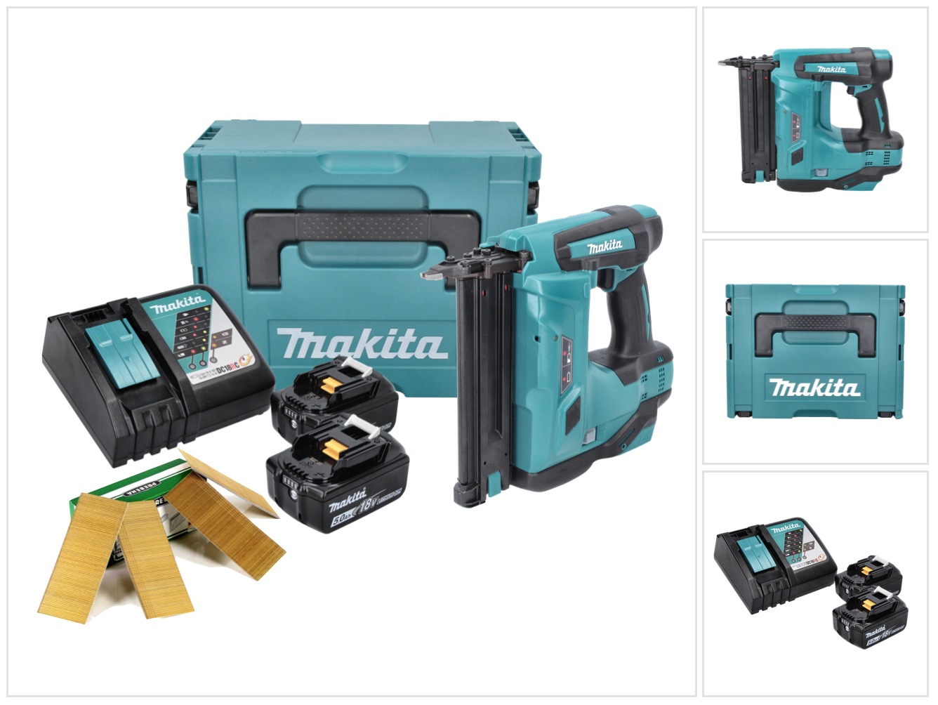 Makita Dbn 500 Rtj Chiodatrice A Batteria 18 V / 15-50 Mm / 90° In Valigetta Makpac + 2x Batterie 5,0 Ah + Caricabatterie + 20000x Chiodi Da 50mm