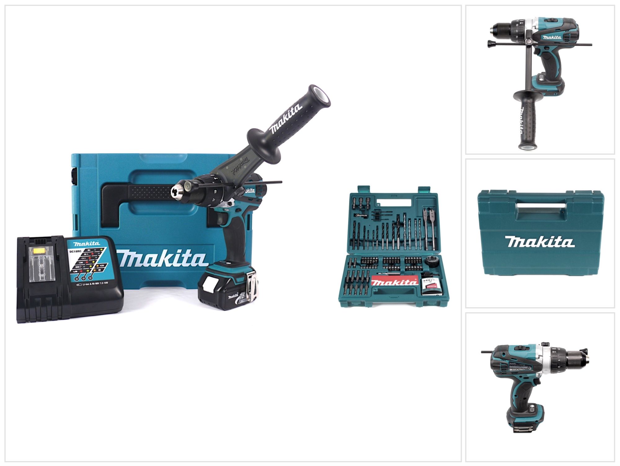 Makita - Dhp 458 Rf1j Trapano Avvitatore Ad Impulsi 18v 91nm A Batteria In Valigetta Makpac + 1x Batteria 3,0 Ah + Caricabatterie Dc 18 Rc + Set Di 100 Punte Per Trapano