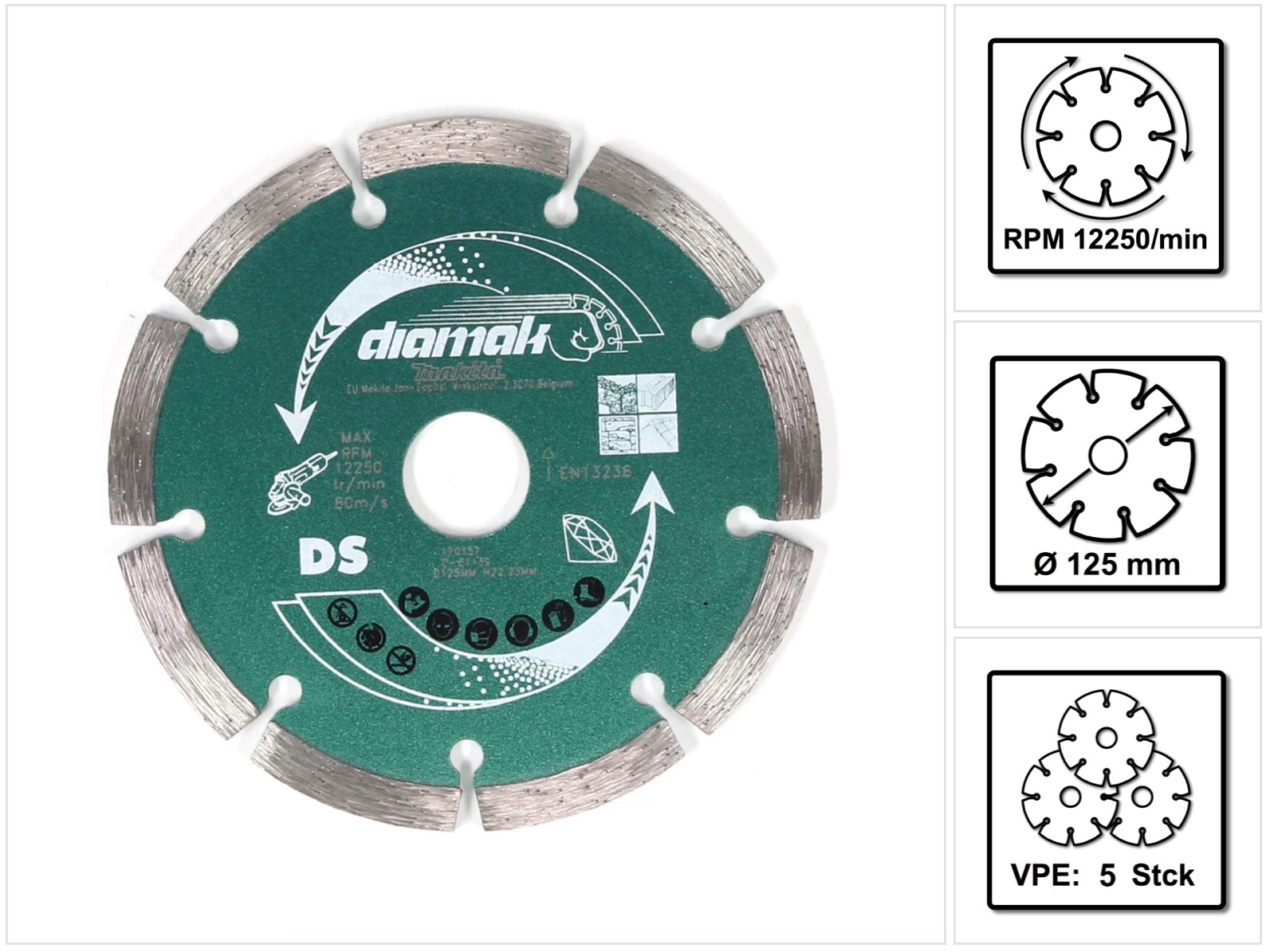 Makita Diamak 125 Mm 5 Pezzi ( 5x D-61139 ) Disco Da Taglio Diamantato Per Pietra, Calcestruzzo Supporto Da 22,23 Mm