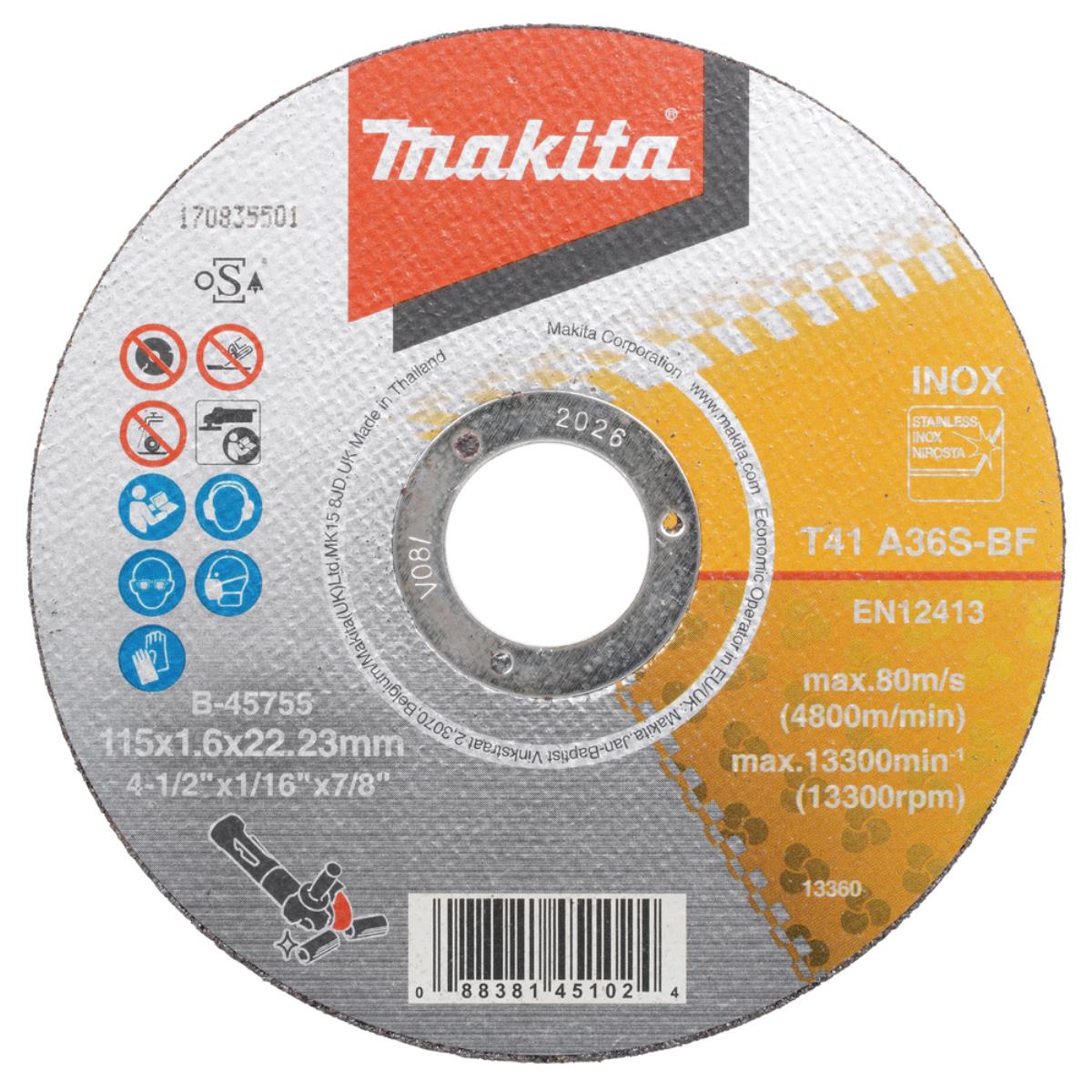 Makita Disco Da Taglio 1 Pz. - 115 Mm - 22,23 Mm - 1,6 Mm - A36s Makita Disco Da Taglio 1 Pz. - 115 Mm - 22,23 Mm - 1,6 Mm - A36s