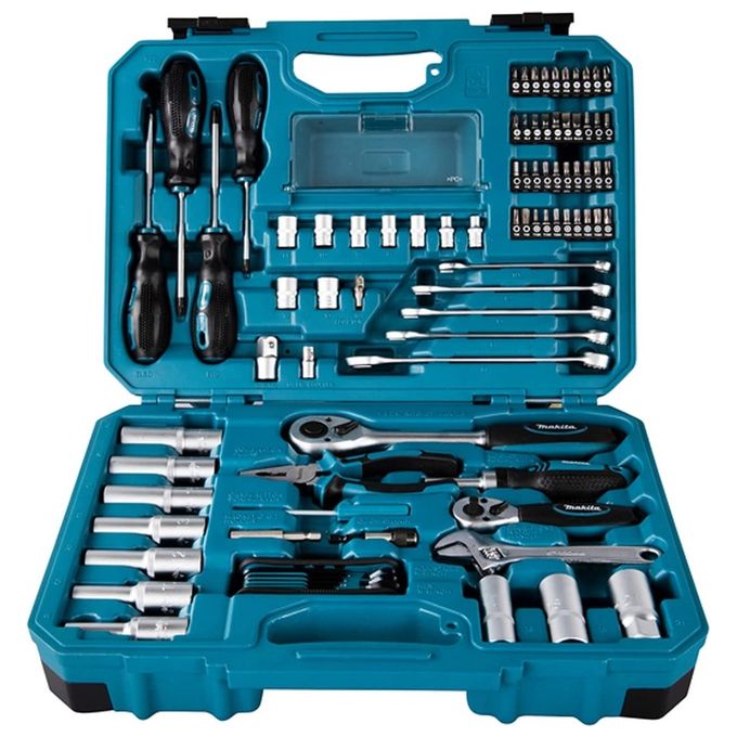 Makita E-08458 Set di utensili manuali 87 pezzi in acciaio cromo vanadio con cricchetti reversibili chiavi combinate cacciaviti pinza e punte varie colore Blu