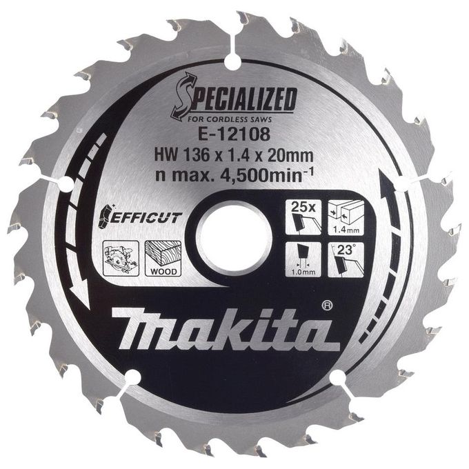 Makita E-12108 Efficut Lama Circolare per Legno 136 mm 20 mm 25 Denti colore Nero Makita E-12108 Efficut Lama Circolare per Legno 136 mm 20 mm 25 Denti colore Nero