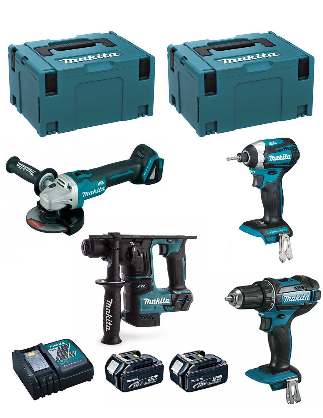 Makita Kit 18v Msl4p2 (dhr171 + Dga504 + Ddf482 + Dtd154 + 2 X 5,0 Ah + Dc18rc + 2 X Makpac 3)