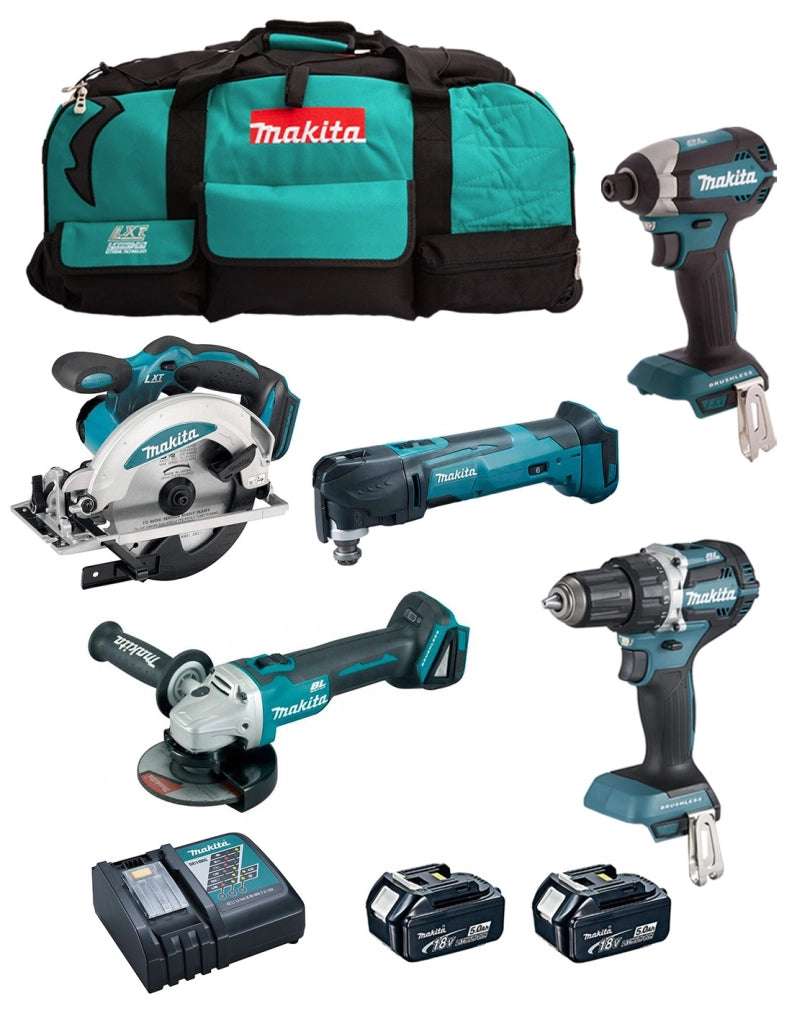 MAKITA Kit DLX5021TX1 (DDF484 + DGA504 + DSS610 + DTD153 + DTM51 + 2 x 5,0 Ah + DC18RC + LTX600)