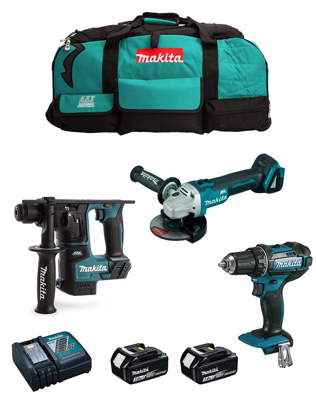 Makita - Kit Mpk18323a (dga504 + Ddf482 + Dhr171 + 2 X 3,0 Ah + Dc18rc + Lxt600) Makita - Kit Mpk18323a (dga504 + Ddf482 + Dhr171 + 2 X 3,0 Ah + Dc18rc + Lxt600)