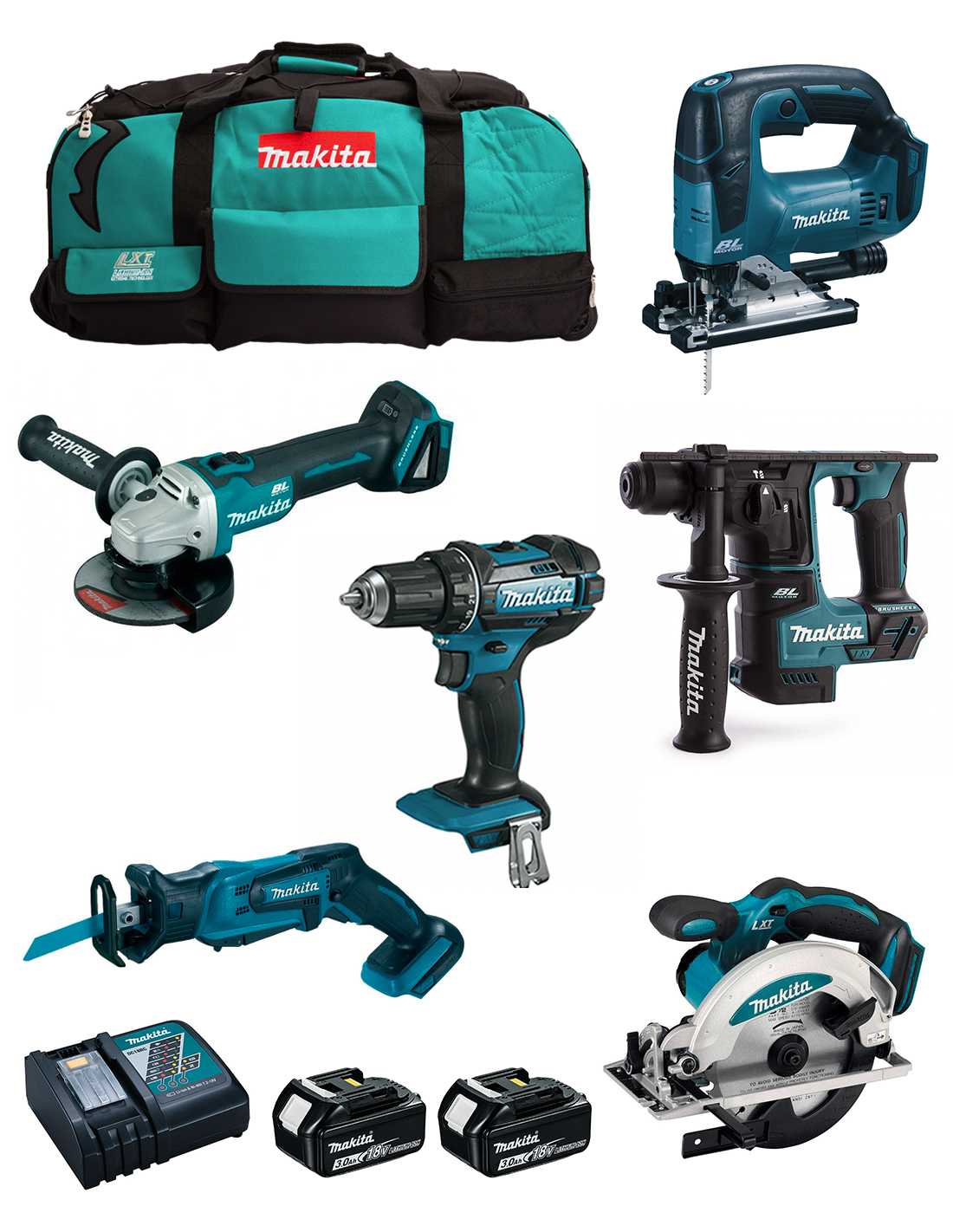 Makita Kit Mpk18623a (ddf482 + Dhr171 + Dga504 + Dss610 + Djv182 + Djr185 + 2 X 3,0 Ah + Dc18rc + Lxt600) Makita Kit Mpk18623a (ddf482 + Dhr171 + Dga504 + Dss610 + Djv182 + Djr185 + 2 X 3,0 Ah + Dc18rc + Lxt600)