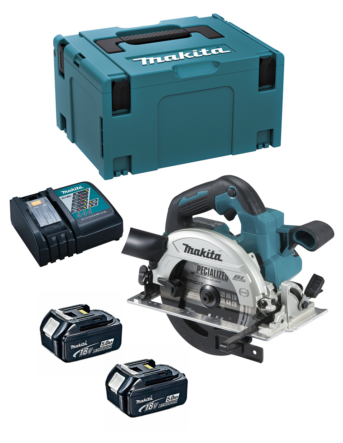 Makita - Sega Circolare 18 V Li-ion 5 Ah Batteria 18 V Lxt Ø 165 Mm 2 Batterie, Caricabatterie, Valigetta - Dhs660rtj
