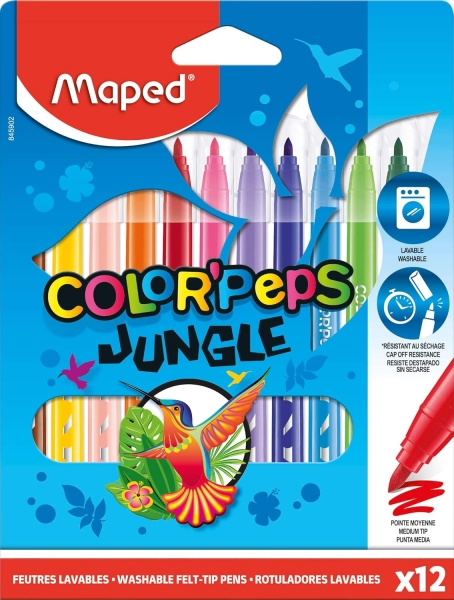 Maped Color'Peps Jungle Confezione da 12 pennarelli con punta media bloccata 2 mm - Ogivale morbido e flessibile - Inchiostro lavabile - Colori assortiti