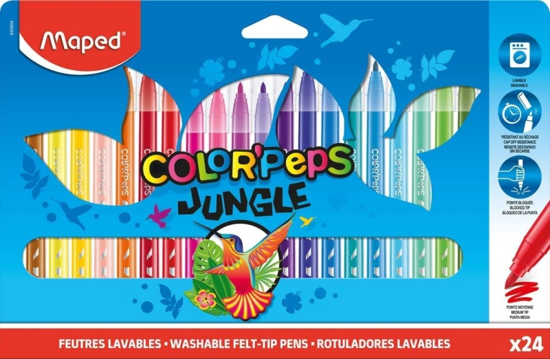 Maped Color'Peps Jungle Confezione da 24 pennarelli con punta media bloccata 2 mm - Ogivale morbido e flessibile - Inchiostro lavabile - Colori assortiti