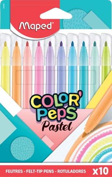 Maped Color'Peps Pastel Confezione da 10 pennarelli con punta media bloccata da 28 mm - Inchiostro lavabile - Colori pastello assortiti Maped Color'Peps Pastel Confezione da 10 pennarelli con punta media bloccata da 28 mm - Inchiostro lavabile - Colori pastello assortiti