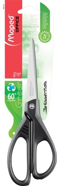 Maped Essentials Forbici in acciaio inossidabile 21 cm asimmetriche - Lame affilate - Manici in plastica riciclata al 60% - Nero