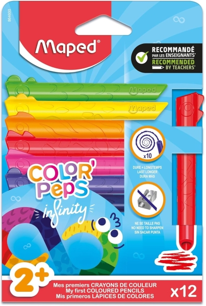 Matite colorate Maped Color'Peps Infinity Jumbo Pack da 12 pezzi a lunga durata - Realizzate interamente in mina - Colori assortiti