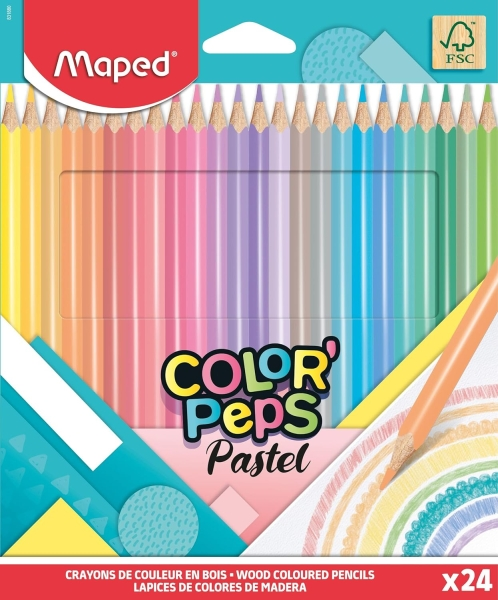 Matite colorate triangolari Maped Color'Peps Pastel confezione da 24 pezzi - Mina morbida - Legno certificato FSC - Colori pastello assortiti