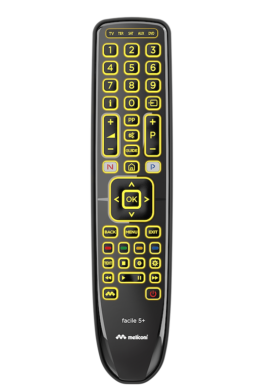 MELICONI GUMBODY FACILE 5+, telecomando universale 5 in 1 con corpo gomma e tastiera retroilluminata, compatibile TV, Decoder, SKY, Bluray/DVD ed altro