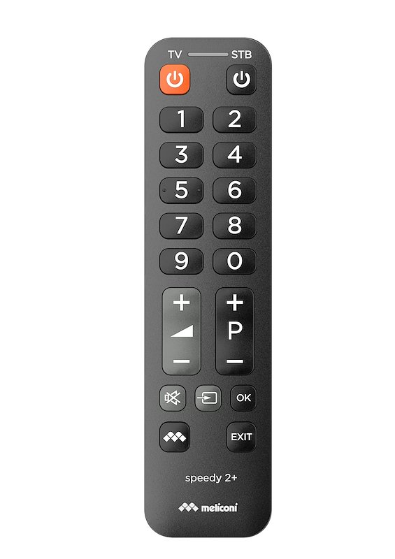MELICONI SPEEDY 2+, telecomando universale 2 in 1 semplificato. Tasti grandi. Comanda le funzioni di base TV e Decoder