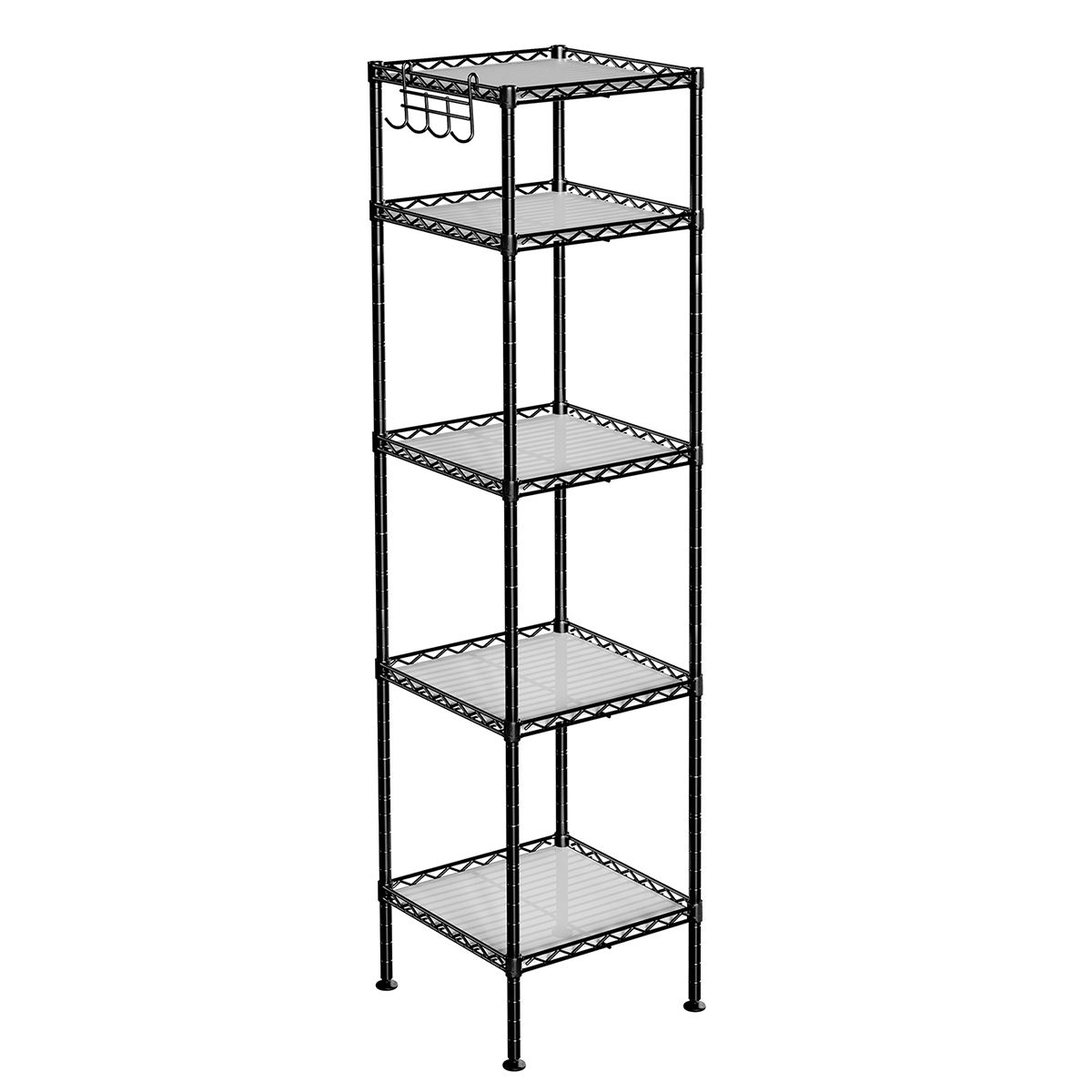 Mensola da Bagno SONGMICS, Mensola in Metallo, Carico Totale di 100 kg, 5 Ripiani in PP, Ganci Rimovibili, 30 x 30 x 123,5 cm, Design Espandibile, per Spazi Ridotti, Nero e Traslucido/Bianco e