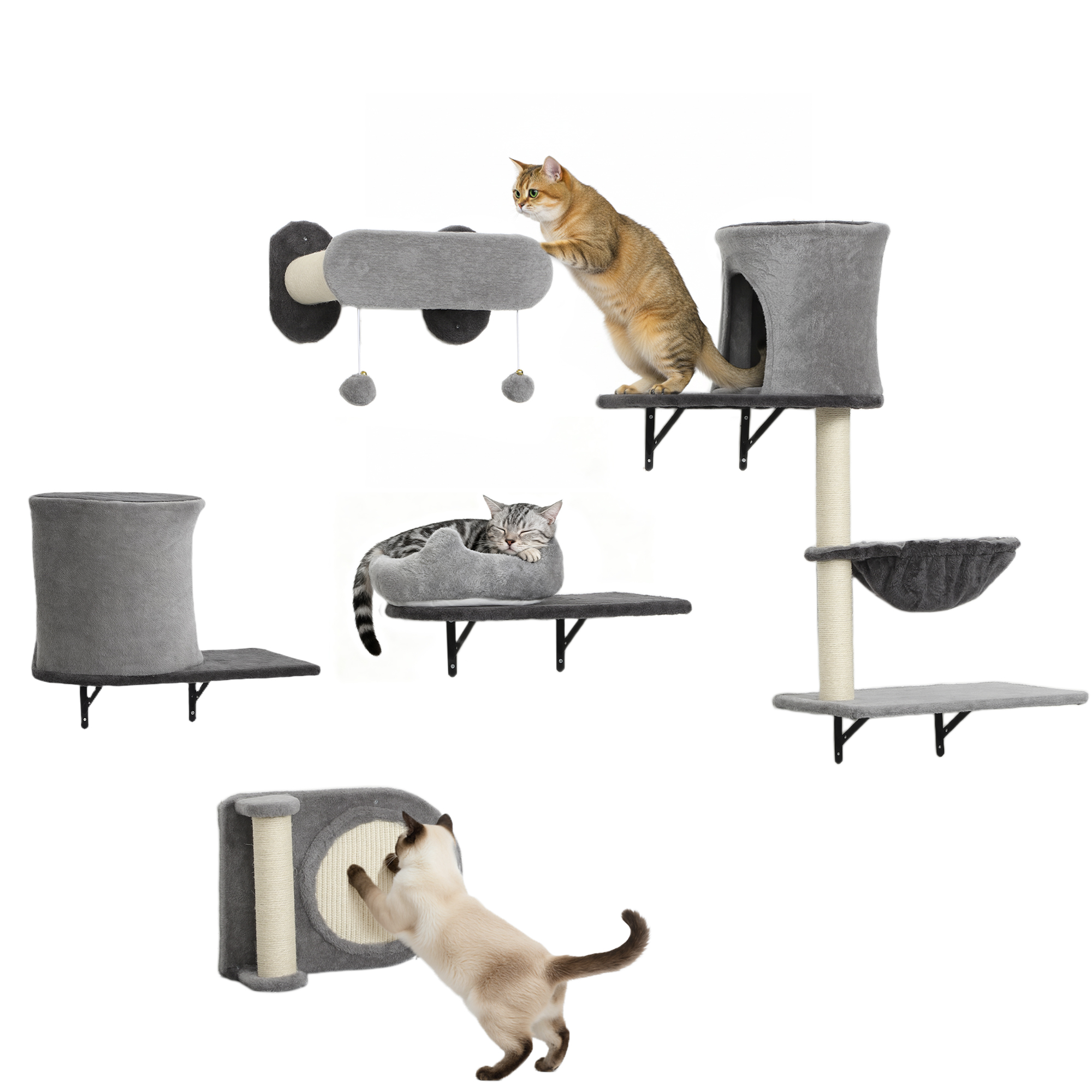 Mensole da parete Pawut per gatti, set di 5 mobili, albero per gatti da parete, con 2 nicchie, amaca, piattaforme, griffoio in sisal per gatti da interno fino a 5 kg, Grigio