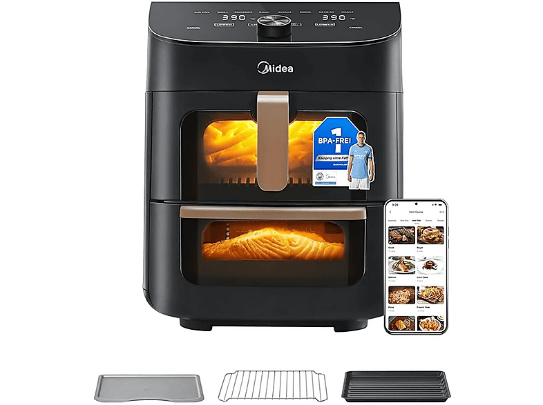 MIDEA MAD1100DADK DOPPIO BASKET FRIGGITRICE AD ARIA, capacità 11 l, Max potenza 1700 W, Nero