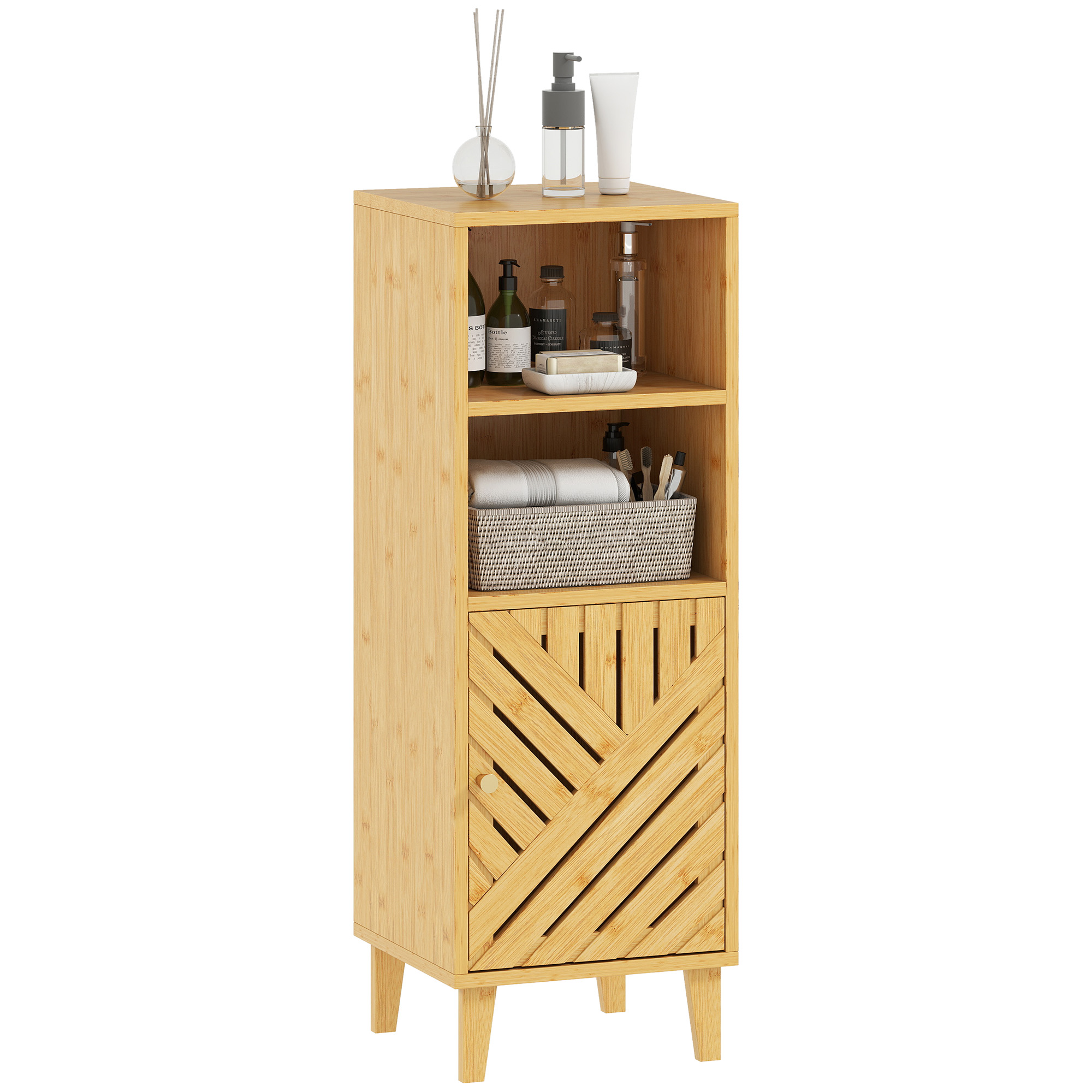 Mobile bagno HOMCOM, mobiletto contenitore con 1 armadietto, 2 scomparti aperti, anta e piedini in bambù, 32x30x90 cm, effetto naturale