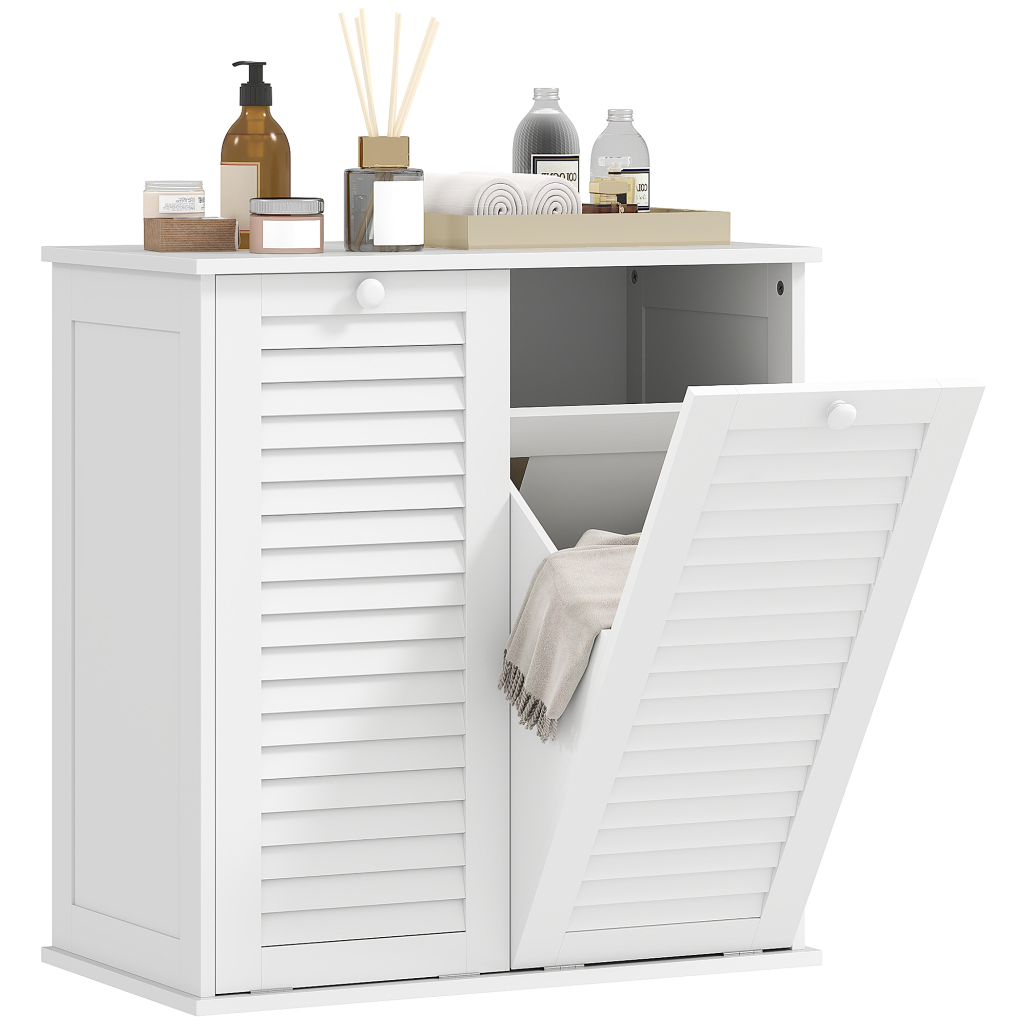 Mobile da Bagno HOMCOM con Cesto Portabiancheria, Armadietto in Legno con Ante a Persiana e 2 Cesti, per Bagno, Lavanderia, 70x38x73 cm, Bianco
