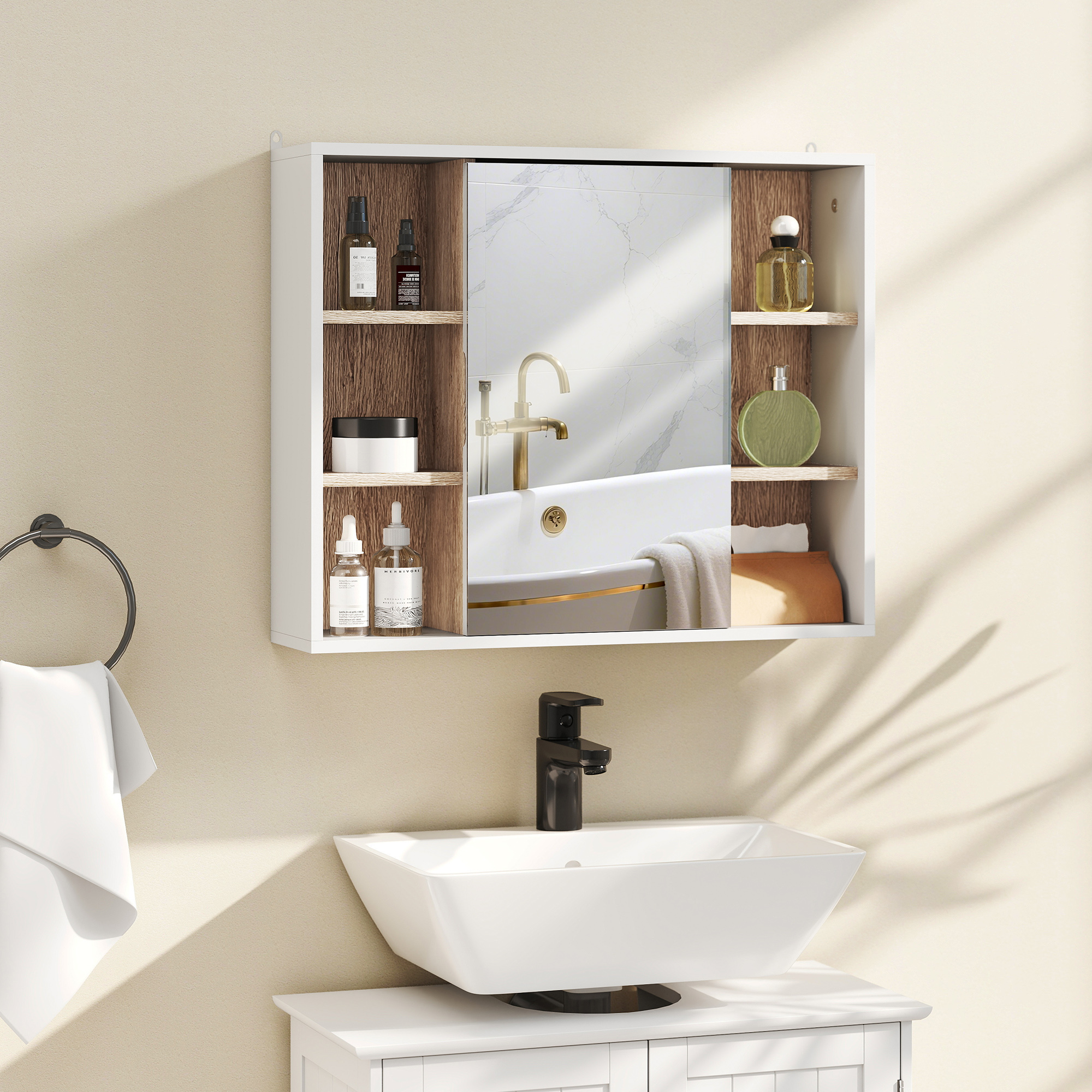 Mobile da Bagno Homcom, Specchio da Bagno con Vano Portaoggetti, Mobile con Ante e 6 Scomparti Aperti, Arredo Bagno con Specchio, 60 X 14,5 X 49,4 Cm, Bianco