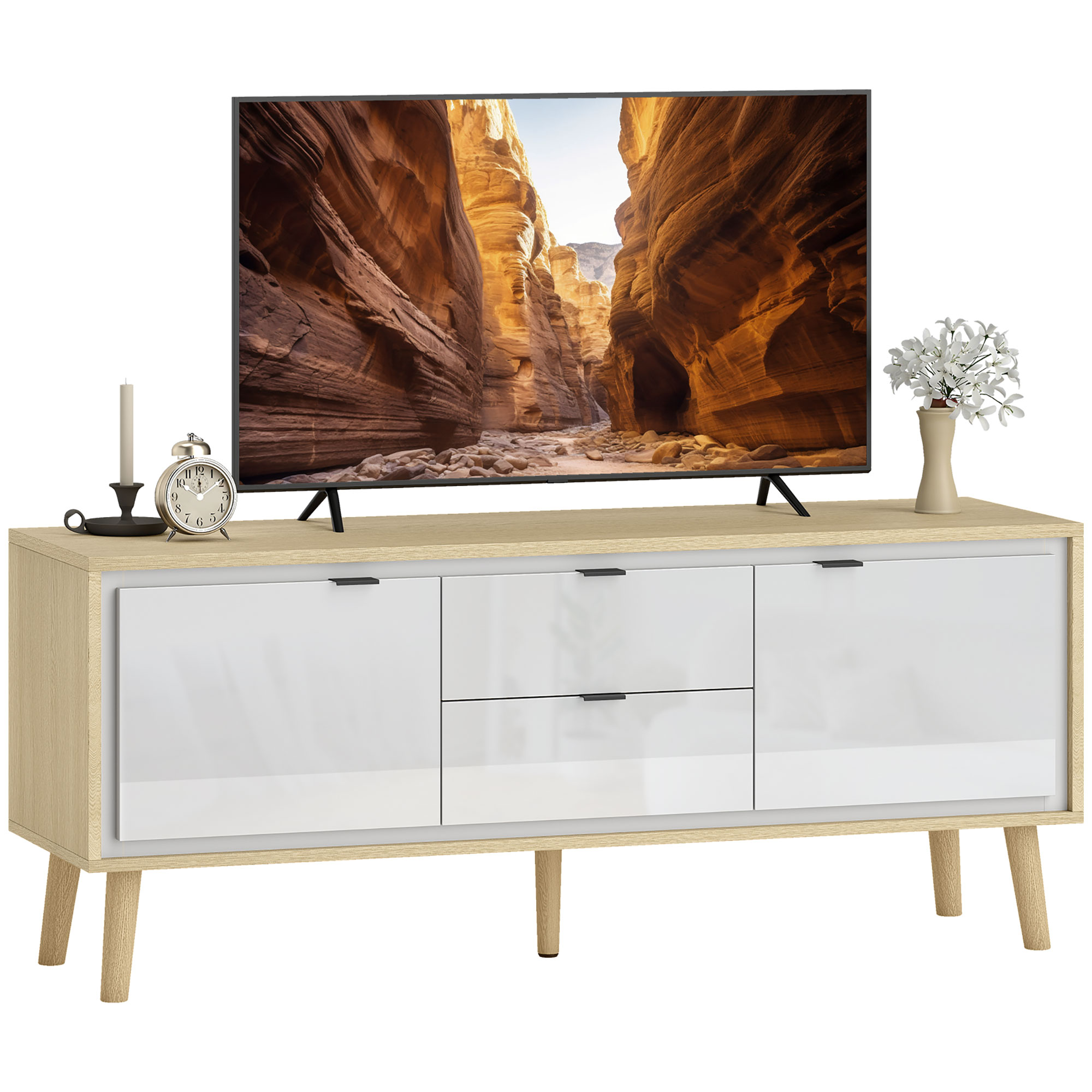Mobile TV Homcom da 120 cm, con 2 ante lucide, adatto a televisori fino a 55 pollici, 2 cassetti silenziosi, ripiani regolabili, stile moderno, mobile TV per soggiorno o camera da letto, colore bianco