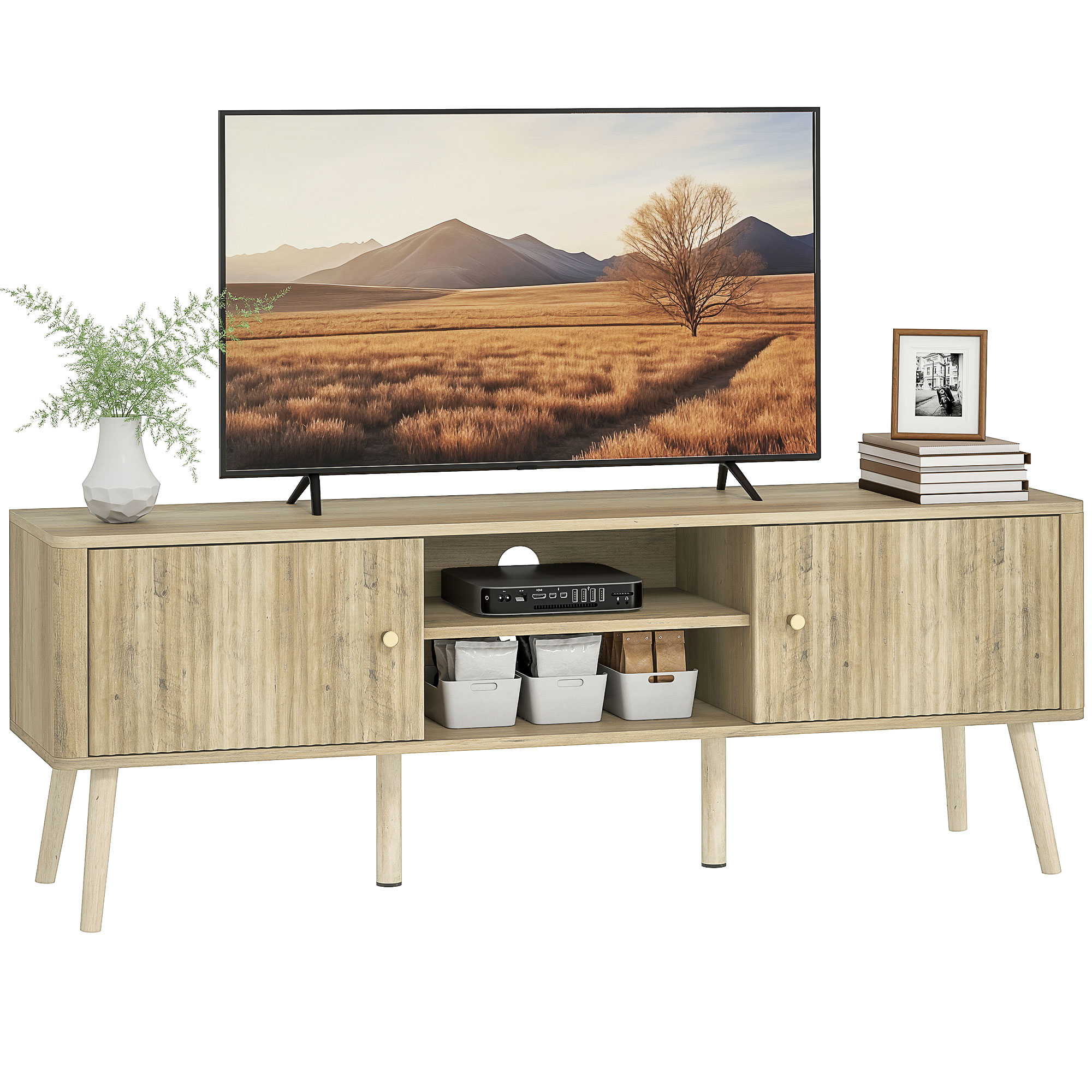 Mobile TV Homcom da 140 cm, mobiletto per TV fino a 65 pollici, con 2 ante, 2 vani aperti, ripiano regolabile e gambe in legno di pino, mobile TV per soggiorno, camera da letto, finitura in rovere.