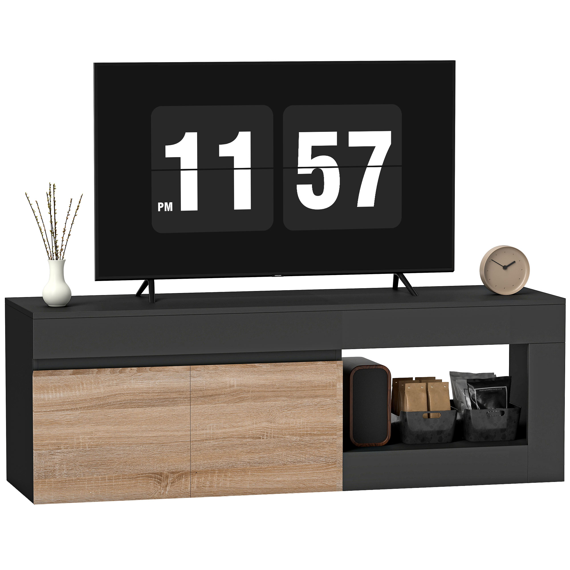 Mobile TV HOMCOM, mobile porta TV fino a 60 pollici con 2 ante a chiusura ammortizzata e scomparto aperto, mobile TV moderno per soggiorno, camera da letto, nero