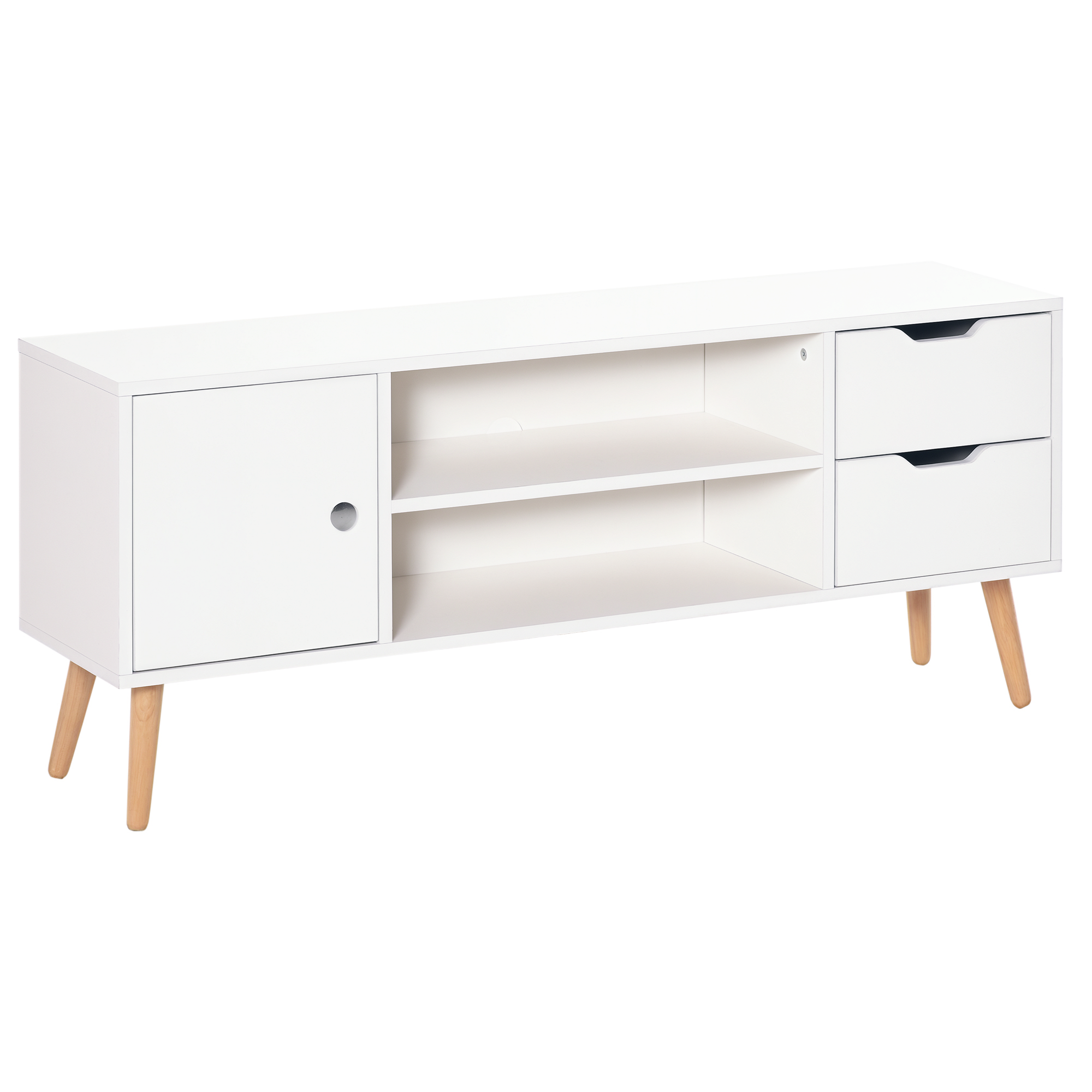 Mobile TV Homcom, stile scandinavo, con vano contenitore, 2 nicchie, 2 cassetti, sistema di gestione dei cavi, realizzato in pannelli di particelle di legno e legno di pino, colore bianco.