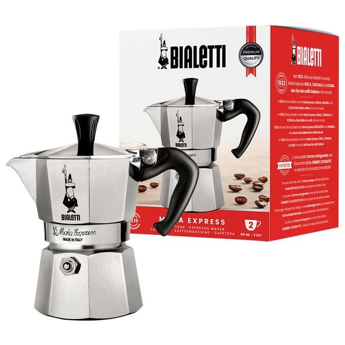 Moka Bialetti Express 2 Tazze, Manico anti scottatura, Adatta a piani cottura gas, 90 ml, Alluminio