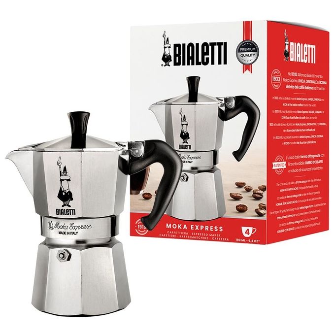 Moka Bialetti Express 4 Tazze, Manico anti scottatura, Adatta a piani cottura gas, 190 ml, Alluminio