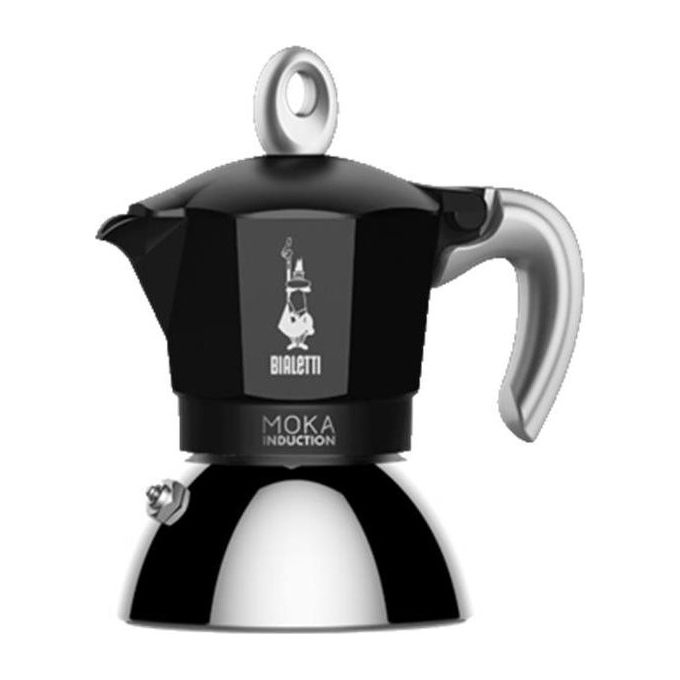 Moka Bialetti Induction, 2 Tazze, Adatta a tutti i piani cottura, 100 ml, Acciaio, Nero