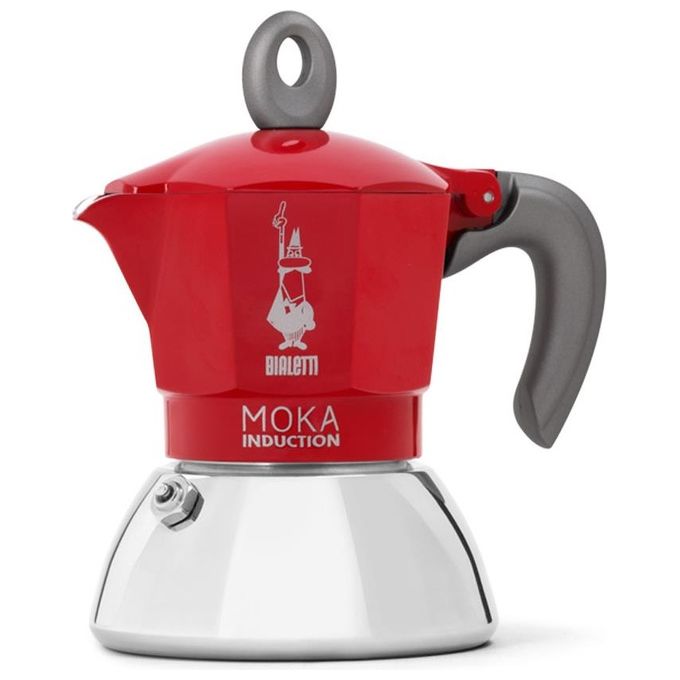 Moka Bialetti Induction, 2 Tazze, Adatta a tutti i piani cottura, 100 ml, Acciaio, Rosso