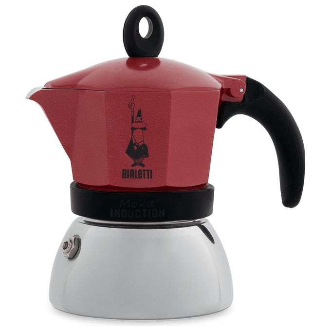 Moka Bialetti Induction, 4 Tazze, Adatta a tutti i piani cottura, 150 ml, Acciaio, Rosso