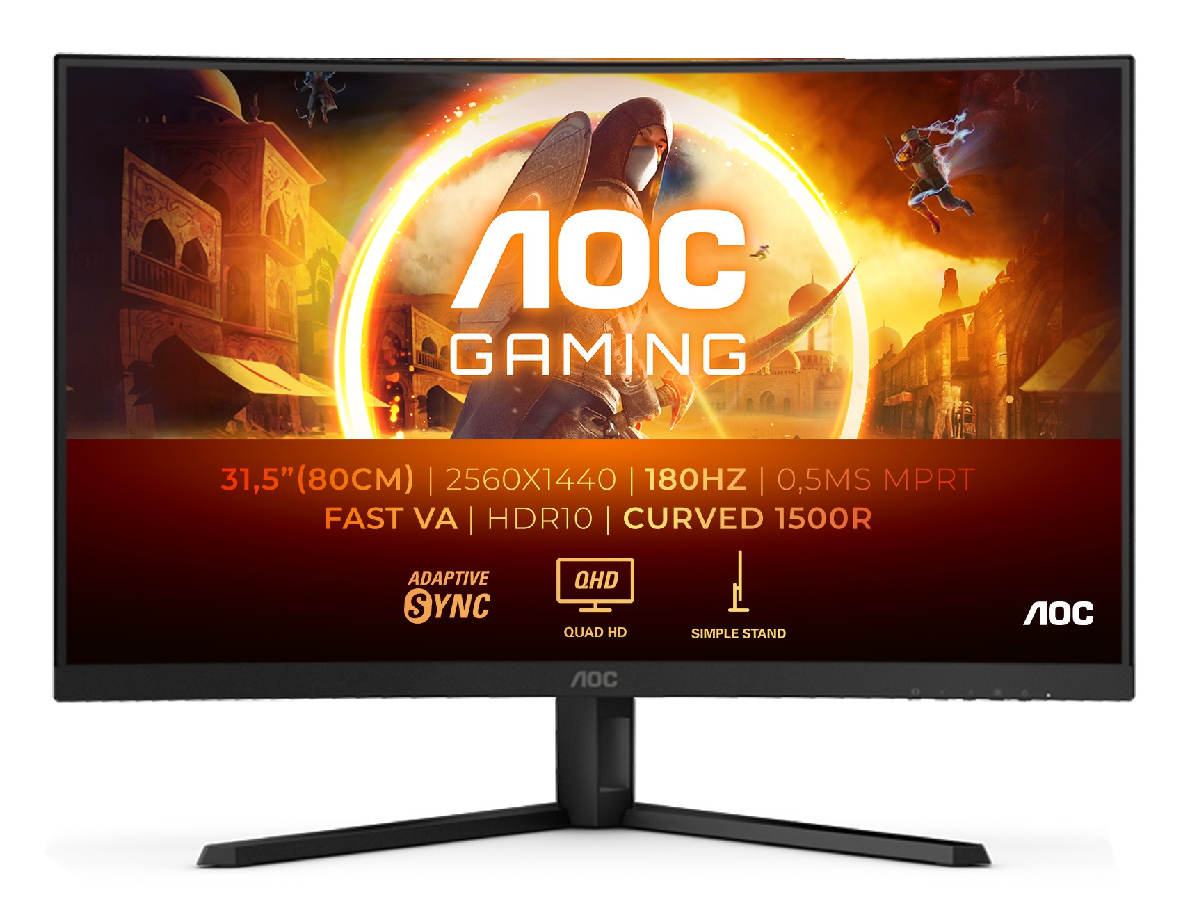 Monitor AOC G4 315 curvo 1500R LED Fast VA QHD 180Hz HDR10 - Tempo di risposta 1 ms - Angolo di visione 178° - HDMI DisplayPort Audio - Montaggio VESA 100x100 Monitor AOC G4 315 curvo 1500R LED Fast VA QHD 180Hz HDR10 - Tempo di risposta 1 ms - Angolo di visione 178° - HDMI DisplayPort Audio - Montaggio VESA 100x100