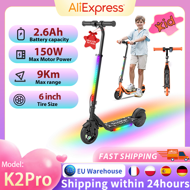 Monopattino Elettrico K2Pro per Bambini dai 6 ai 12 Anni, 150W, Giocattolo da Guidare, Ruote da 6,5 Pollici, 3 Velocità, Luce LED, Regolabile