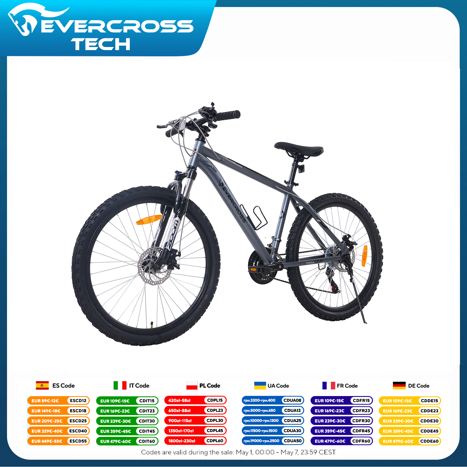 Mountain bike Evercross Tech Em3 da 26 pollici, bicicletta da tutti i terreni con cambio Shimano a 21 velocità, telaio in alluminio leggero e forcella anteriore con sistema di bloccaggio e