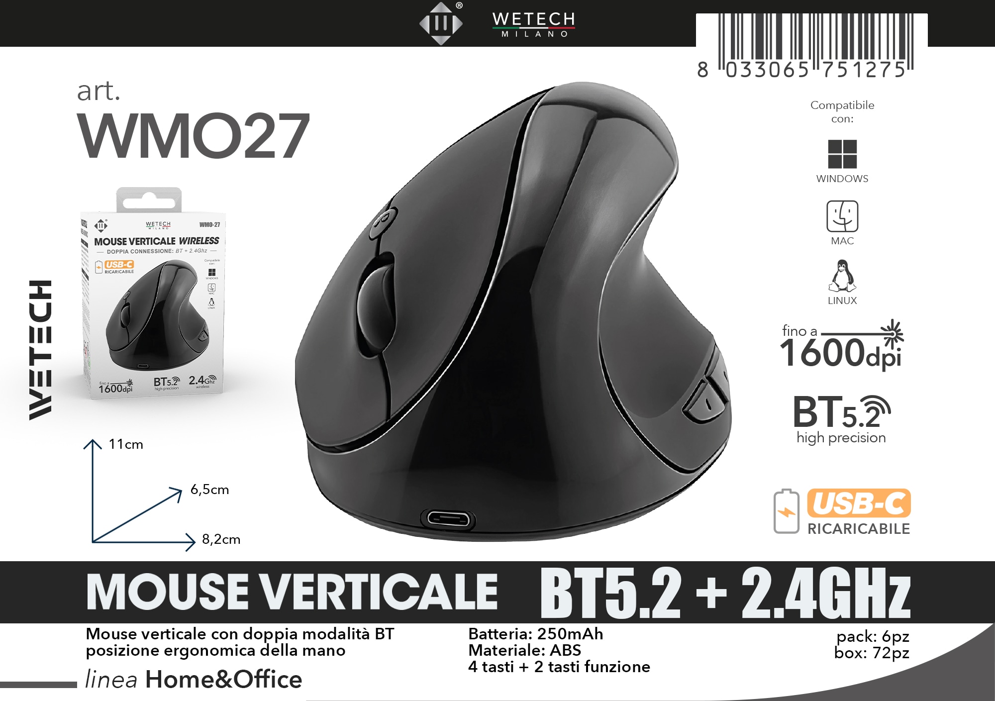 Mouse verticale ergonomico ricaricabile con doppia modalità wireless 2.4G + bluetooth, regolazione DPI fino 1600. Non stressa il polso dopo lungo lavoro