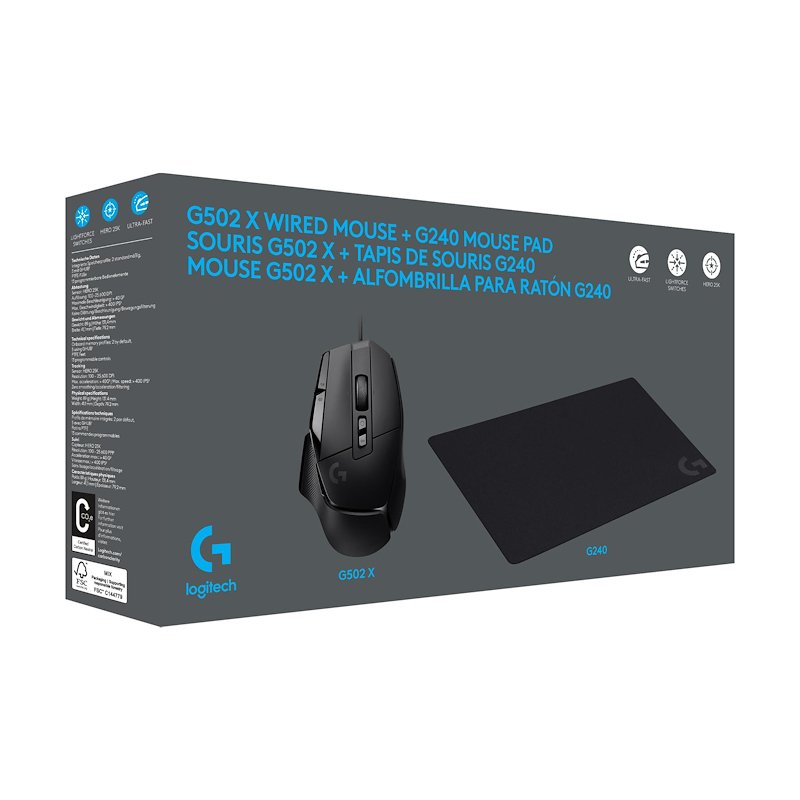MOUSE WIRELESS LOGITECH G502X + G240 mouse pad, Collegamento USB, Ingresso: Otticamente a diodi laser, Scrolling 2 direzioni, Risoluzione max 25600 dpi, Nero